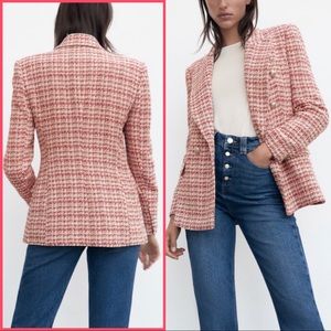 Zara textured double breasted blazer, red